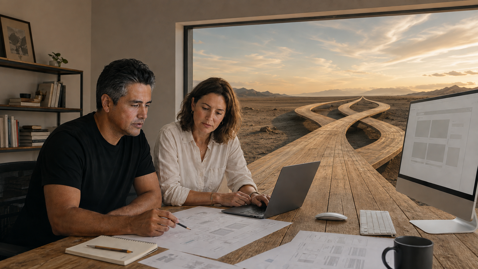 Conceptual founder scene: reviewing a customer journey beside computers as the desk becomes connected paths across a landscape.