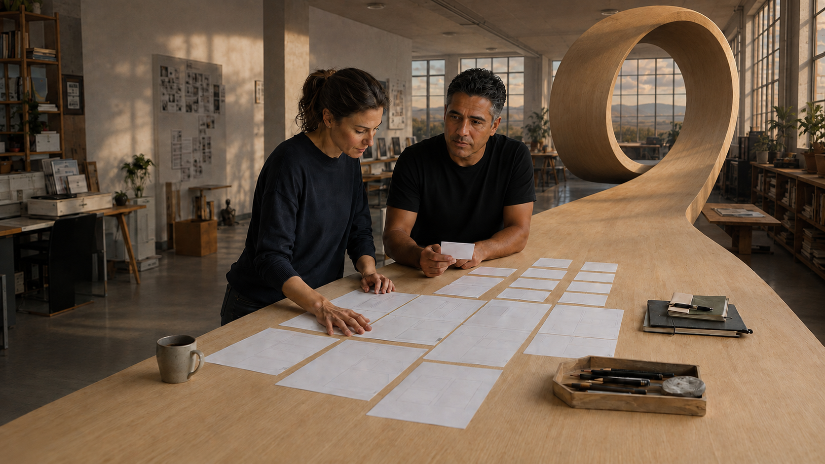 Conceptual founder scene: strategy cards spread across a wooden table that curls into a large loop.