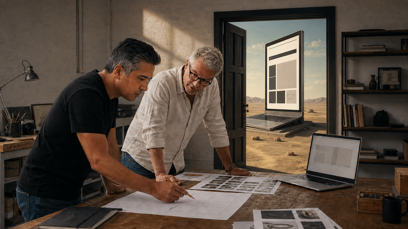 Conceptual founder scene: reviewing website wireframes beside a laptop, with an oversized computer beyond a doorway.
