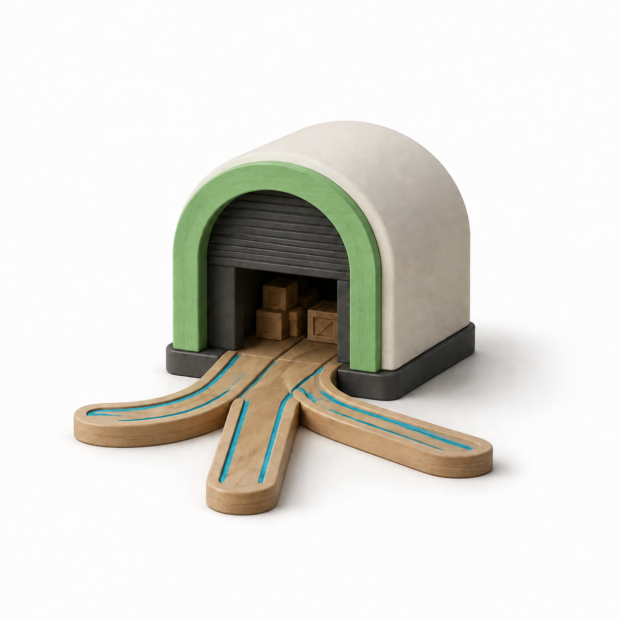 Rounded warehouse entrance where three wooden distribution paths meet.