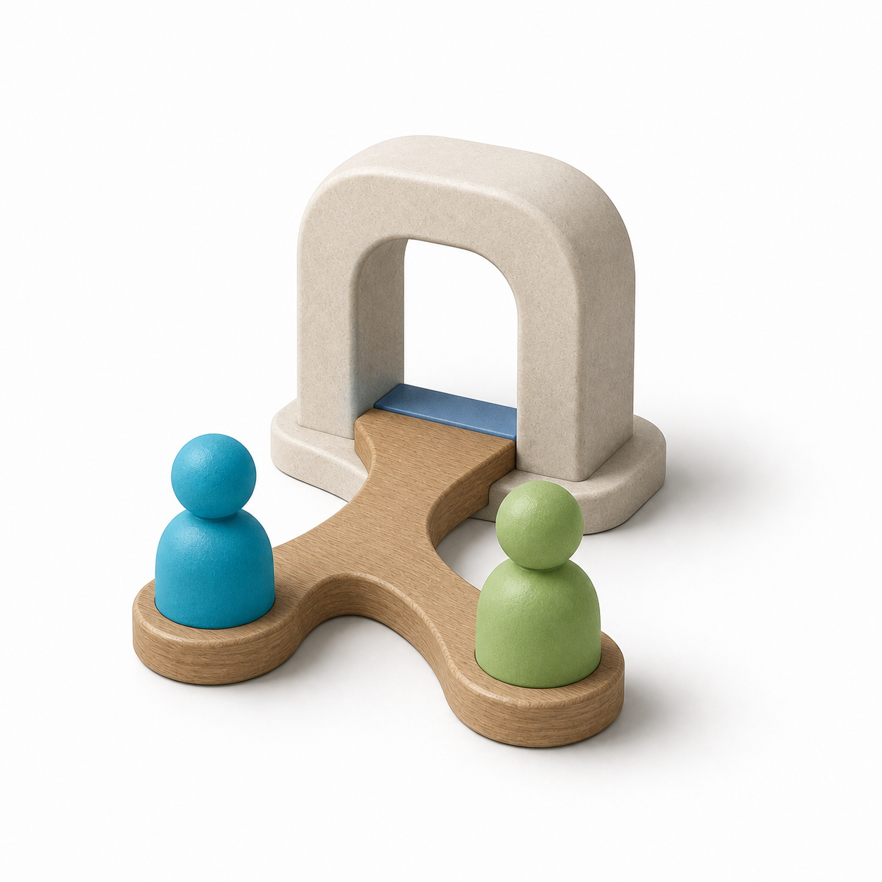 Rounded ivory arch with a branching wooden path connecting two abstract figures in cyan and green.