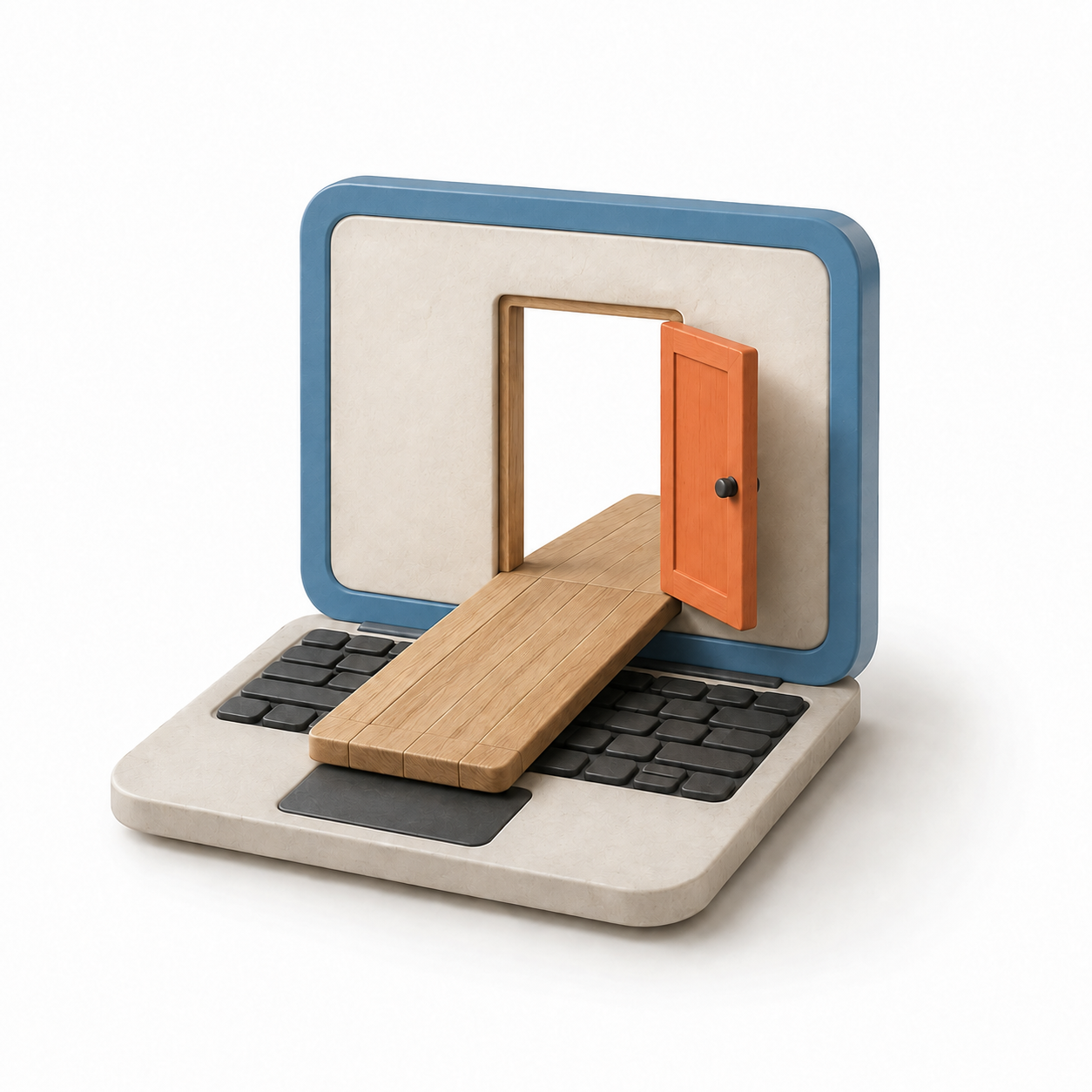 Laptop joined to an open doorway by a wooden bridge.