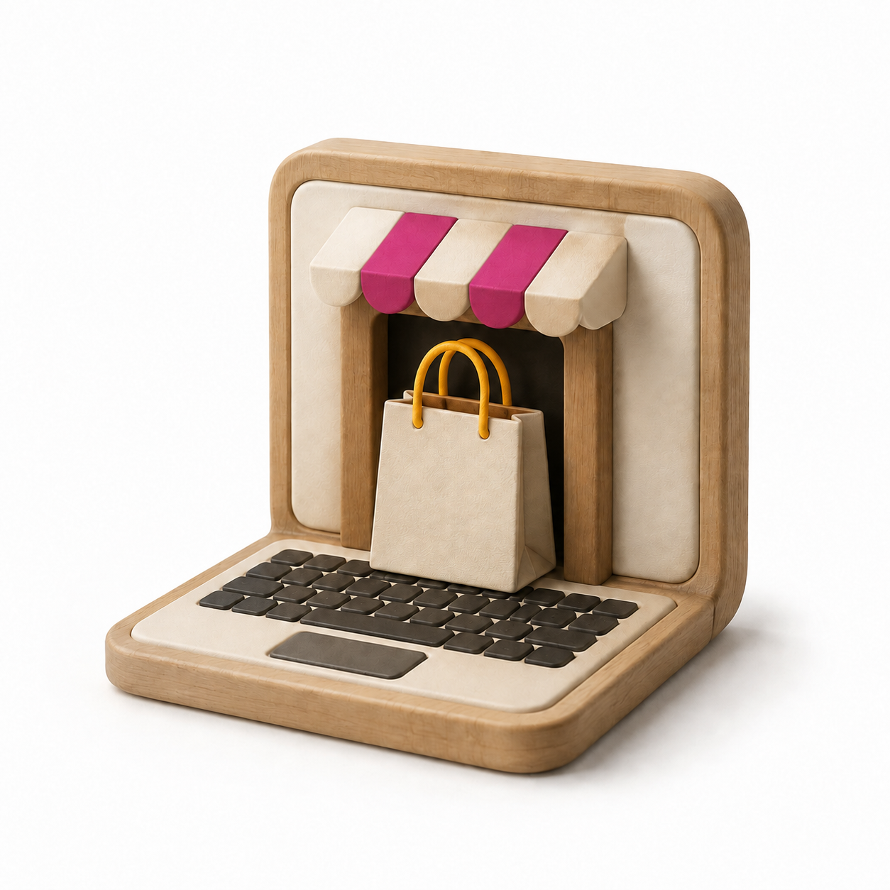 Rounded laptop storefront with an unmarked shopping bag emerging from its screen.