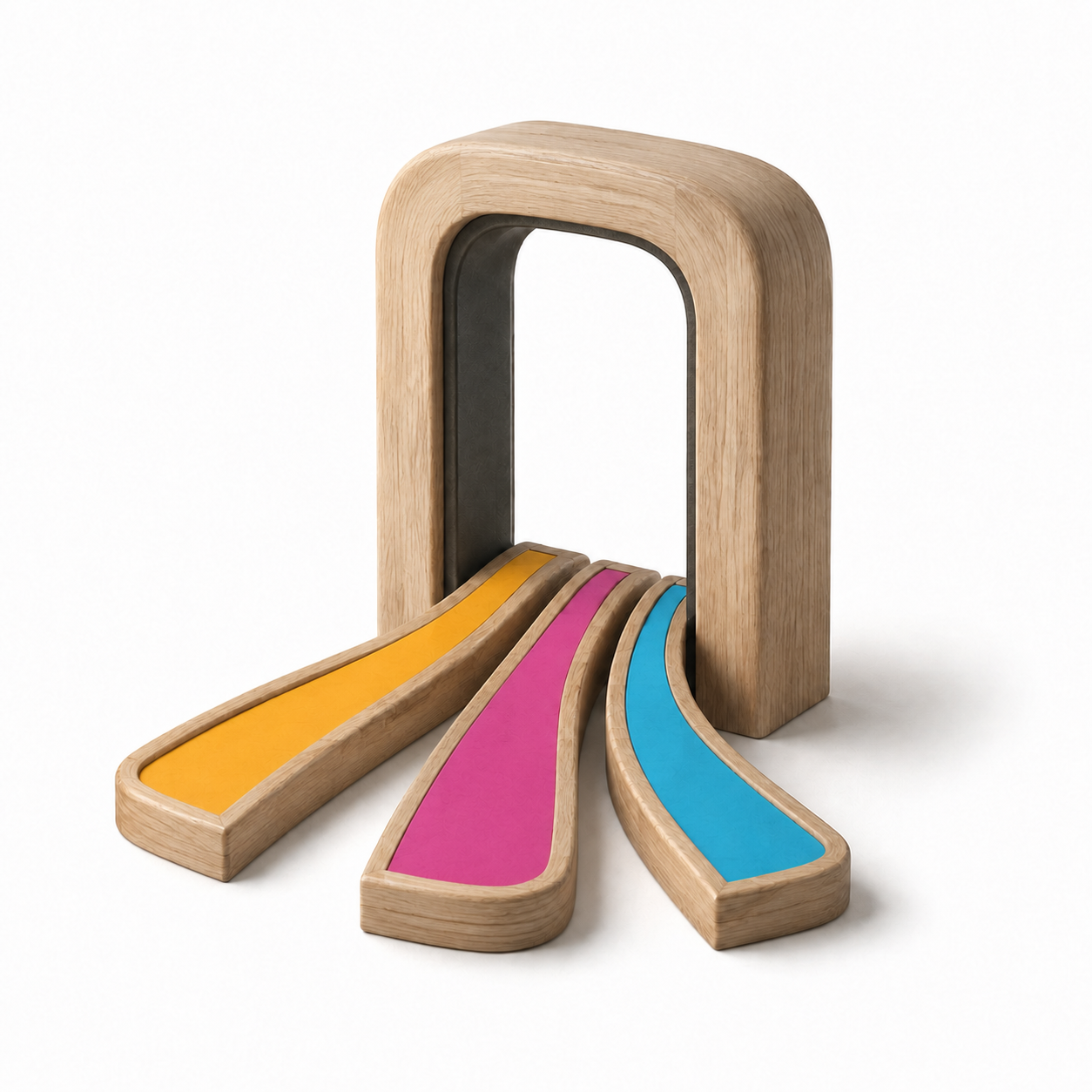 Three curved wooden paths meeting at an open doorway.