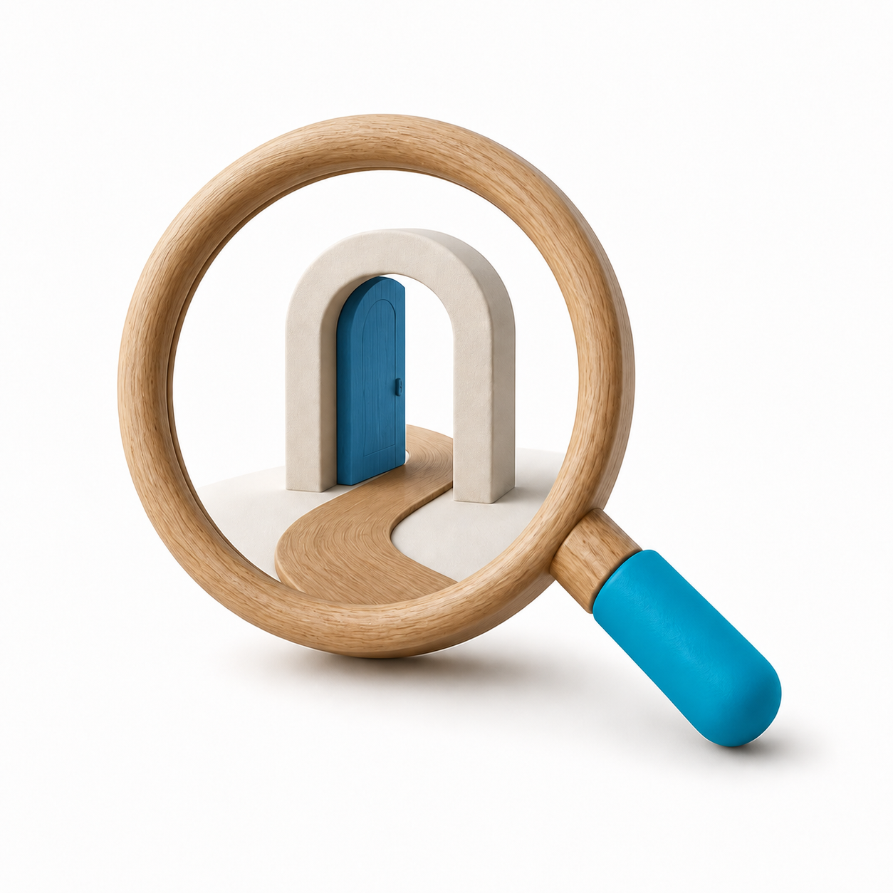 Sculptural magnifying glass framing a doorway and curved path.