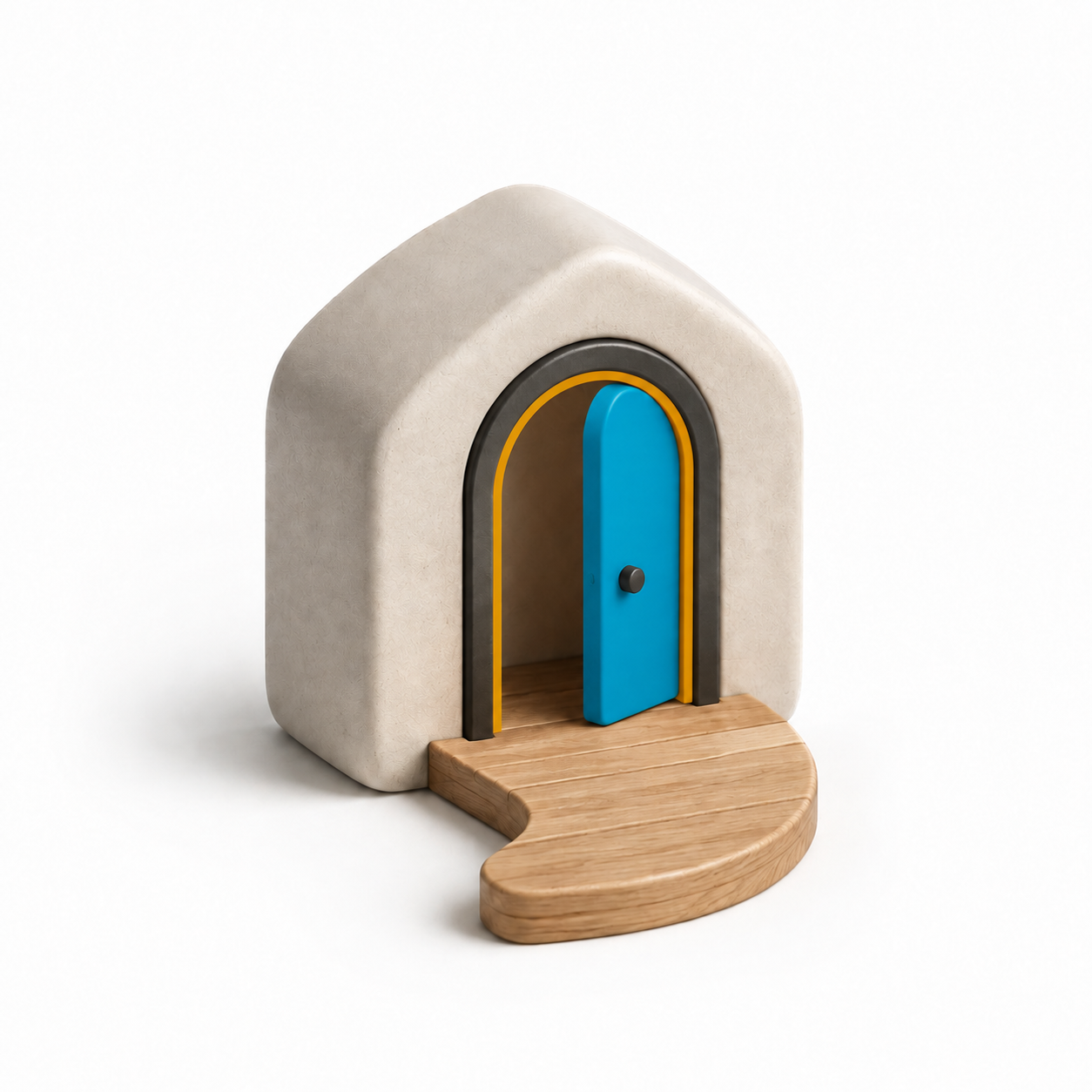 Rounded house with a curved wooden path leading into its doorway.
