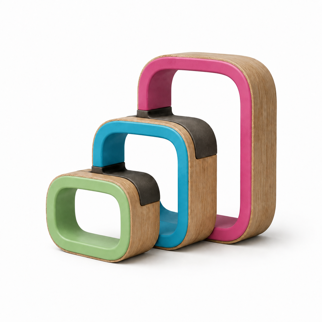 Three rounded interlocking loops forming an ascending structure.